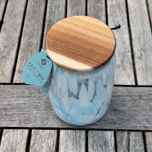 Murano Light Pastel Blue Confetti Glass Jar with Acacia Lid BPA Free Storage New - Picture 8 of 12